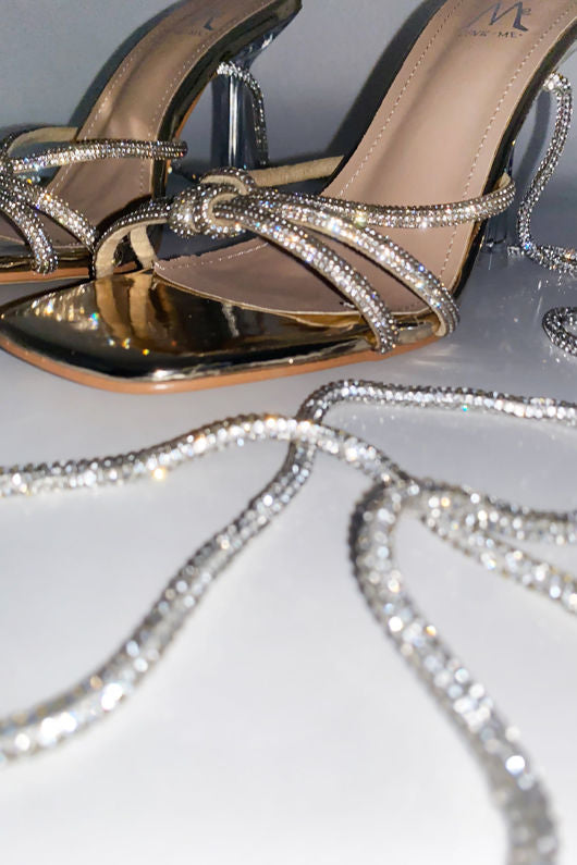 Diamond lace up metallic heels
