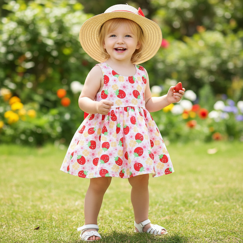 Strawberry dress with straw hat.