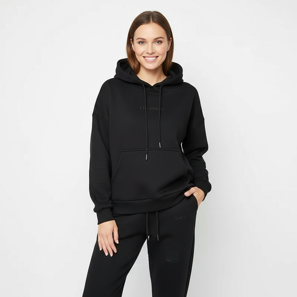 Winter thickented fleece in black two piece set hoodie.