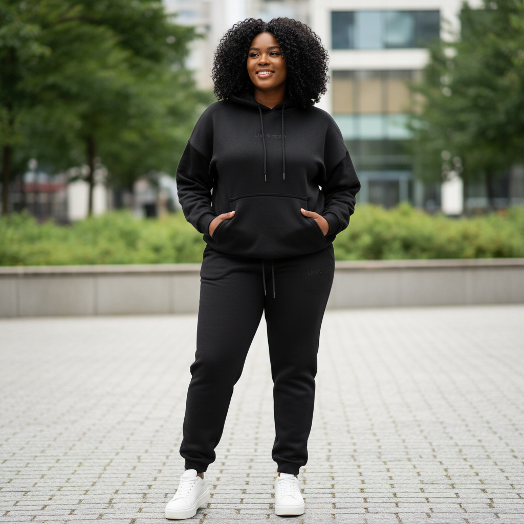 Winter thickented fleece in black two piece set hoodie.
