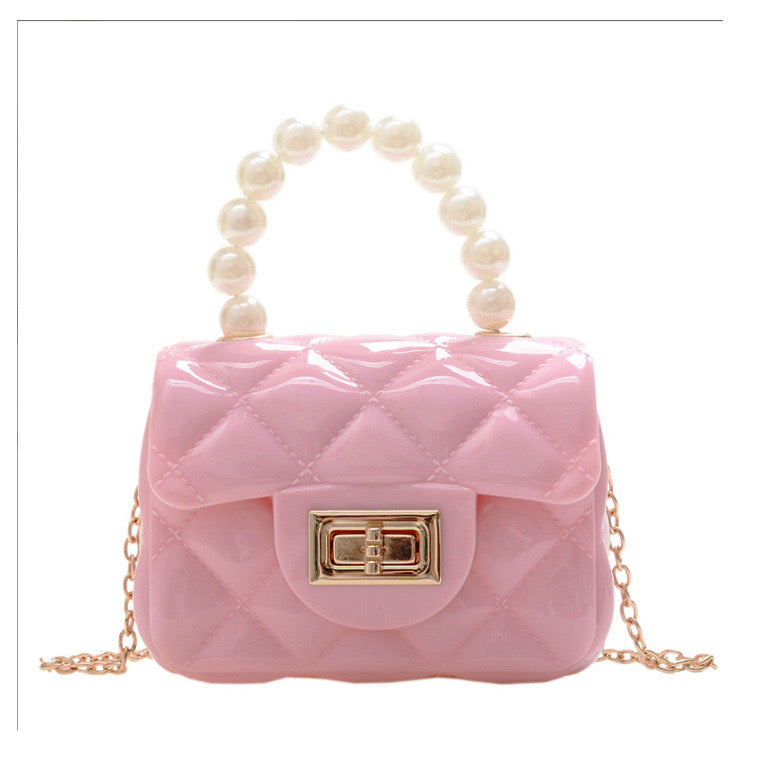 Kids mini fashion square bag with pearls handle.