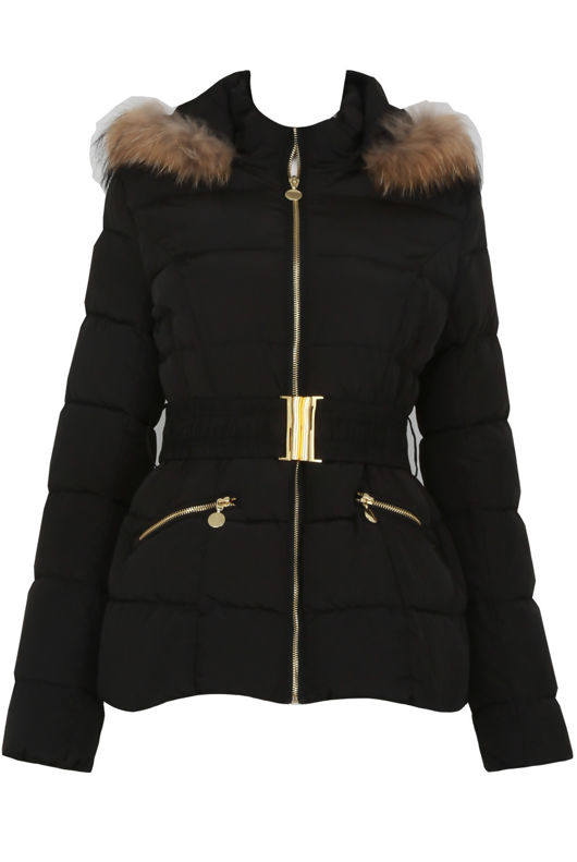 Black Padded Fur Hood Jacket