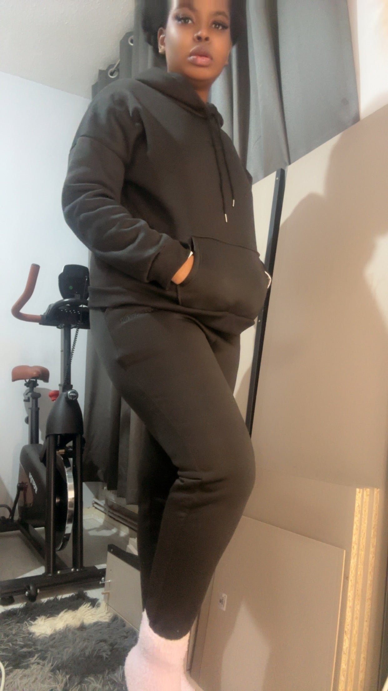 Winter thickented fleece in black two piece set hoodie.