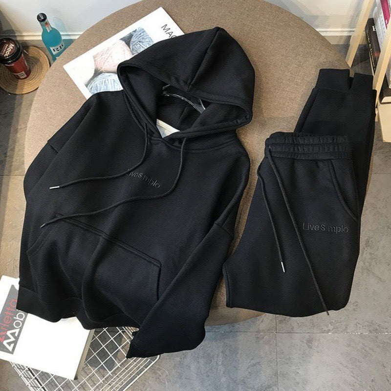Winter thickented fleece in black two piece set hoodie.
