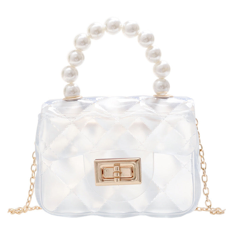 Kids mini fashion square bag with pearls handle.