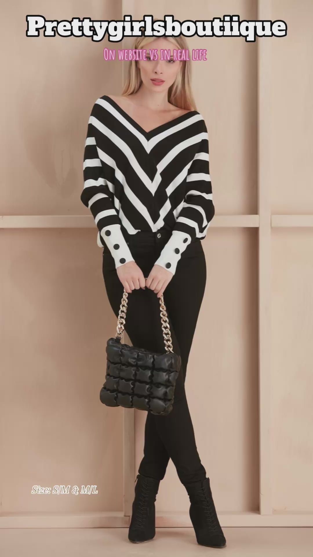 OFF SHOULDERS STRIPED KNITTED SWEATER WITH BUTTONS IN BLACK/WHITE