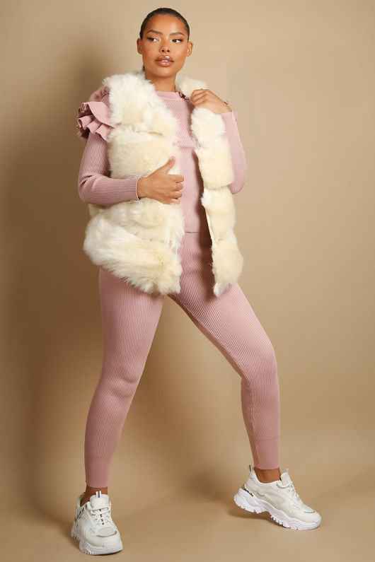 Beige Faux Fur Layered Gilets medium