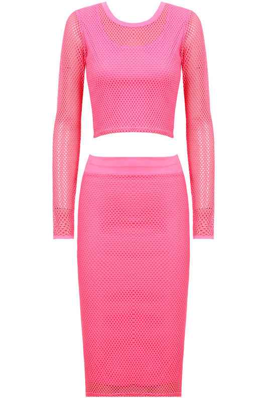 Fuchsia Mesh Detail Celebrity Style Crochet Top & Skirt Set