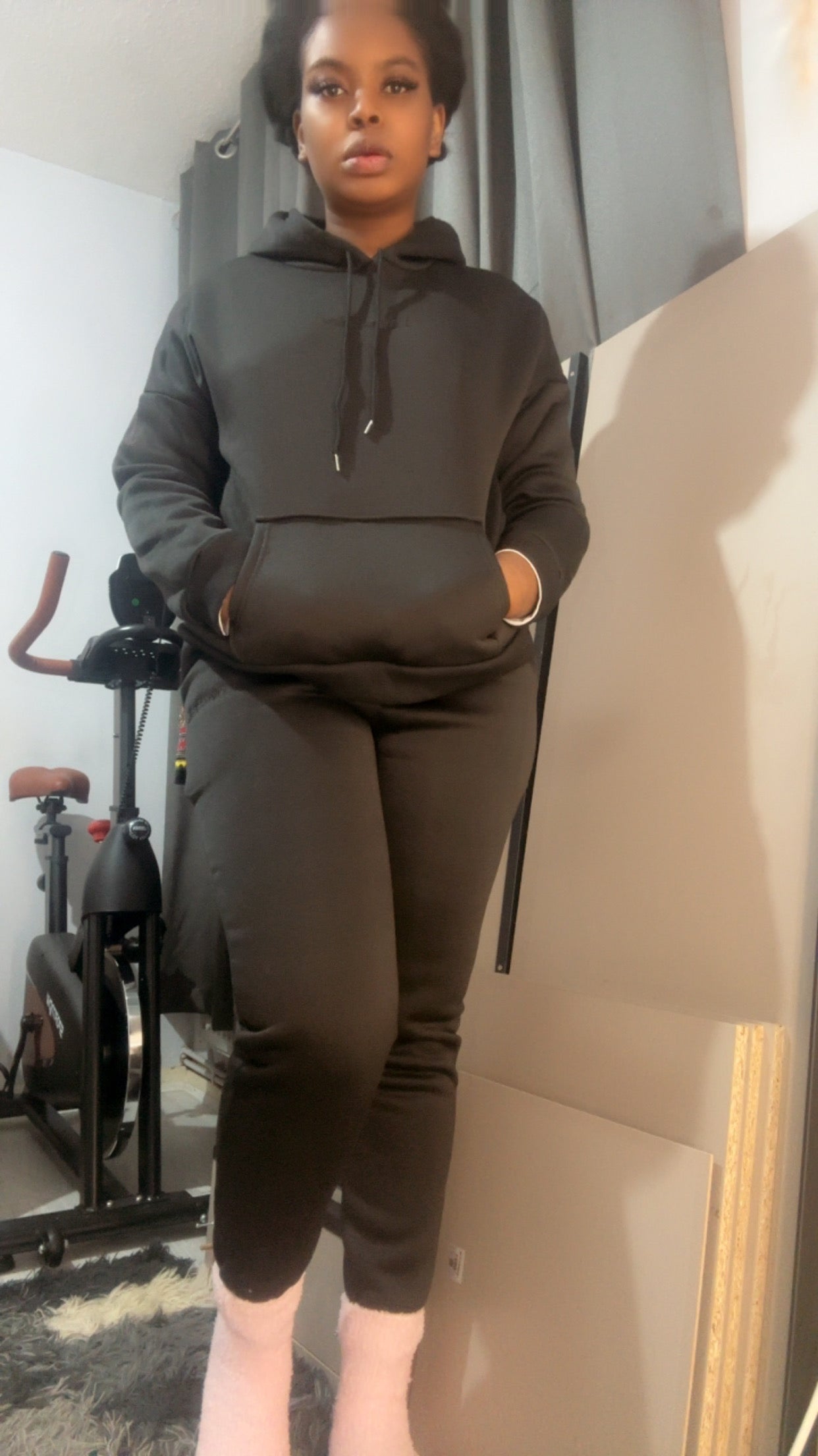 Winter thickented fleece in black two piece set hoodie.