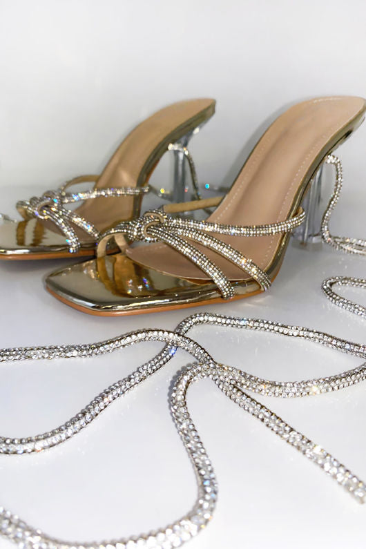 Diamond lace up metallic heels