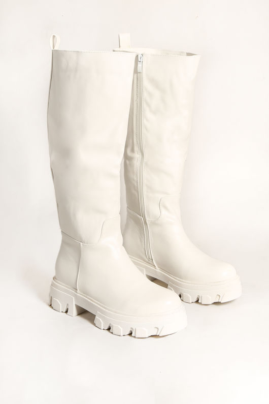 White Chunky Sole Side Zip Calf length Biker Boots