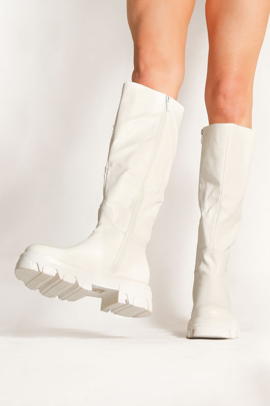 White Chunky Sole Side Zip Calf length Biker Boots