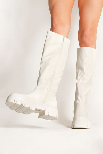 White Chunky Sole Side Zip Calf length Biker Boots