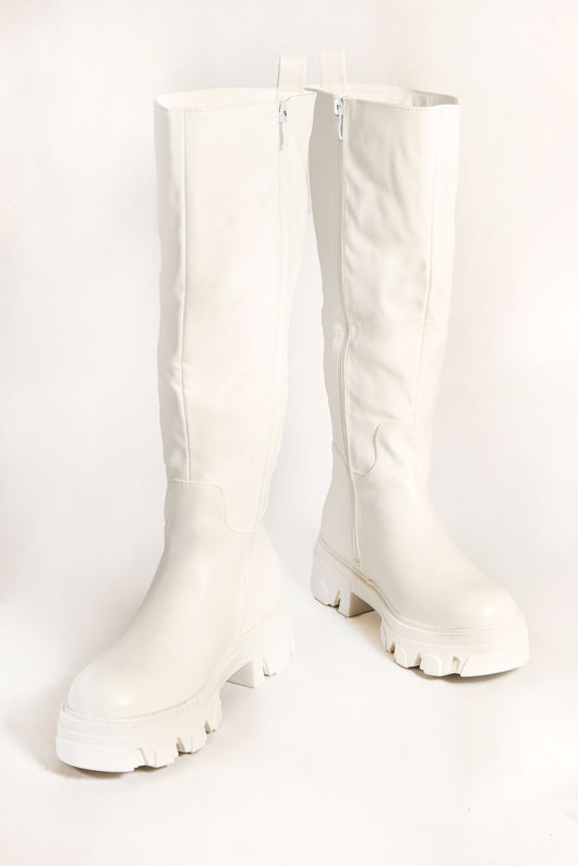 White Chunky Sole Side Zip Calf length Biker Boots