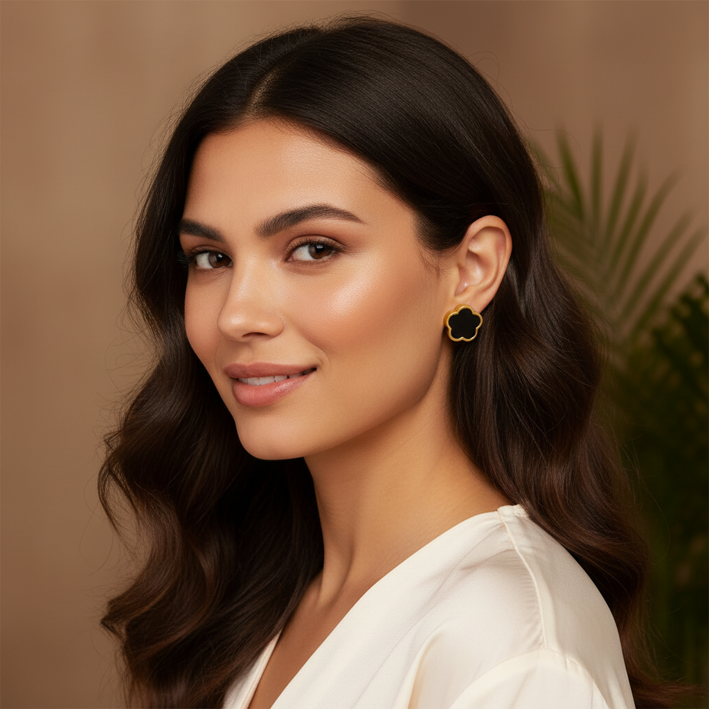 3-piece-set Parthenocissus Grass Stainless Steel Shell 18K Gold Plated Earrings,necklace and bracelet Pvd Coated O-Shaped Chain Jewelry Set In Black