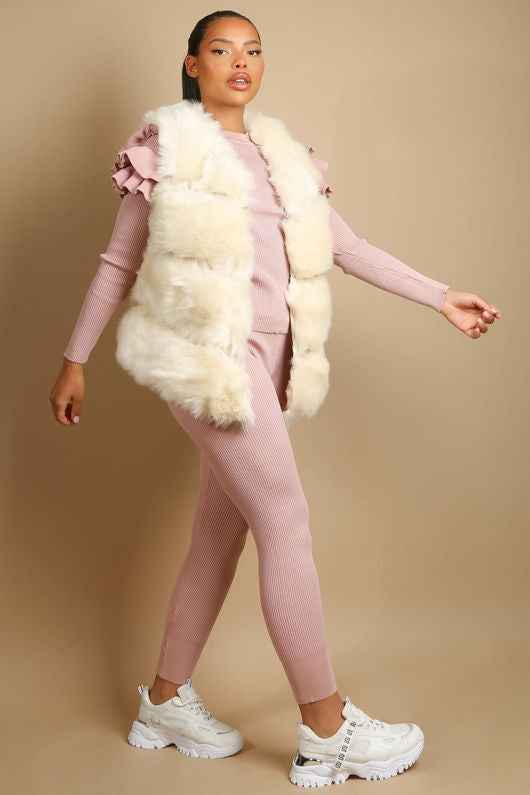 Beige Faux Fur Layered Gilets medium