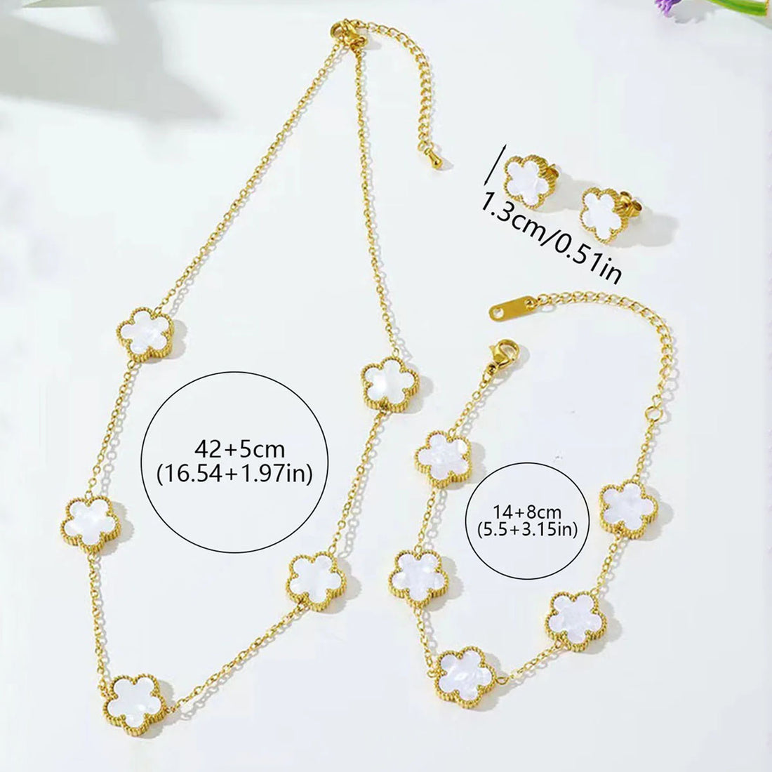 3-piece-set Parthenocissus Grass Stainless Steel Shell 18K Gold Plated Earrings,necklace and bracelet Pvd Coated O-Shaped Chain Jewelry Set In White
