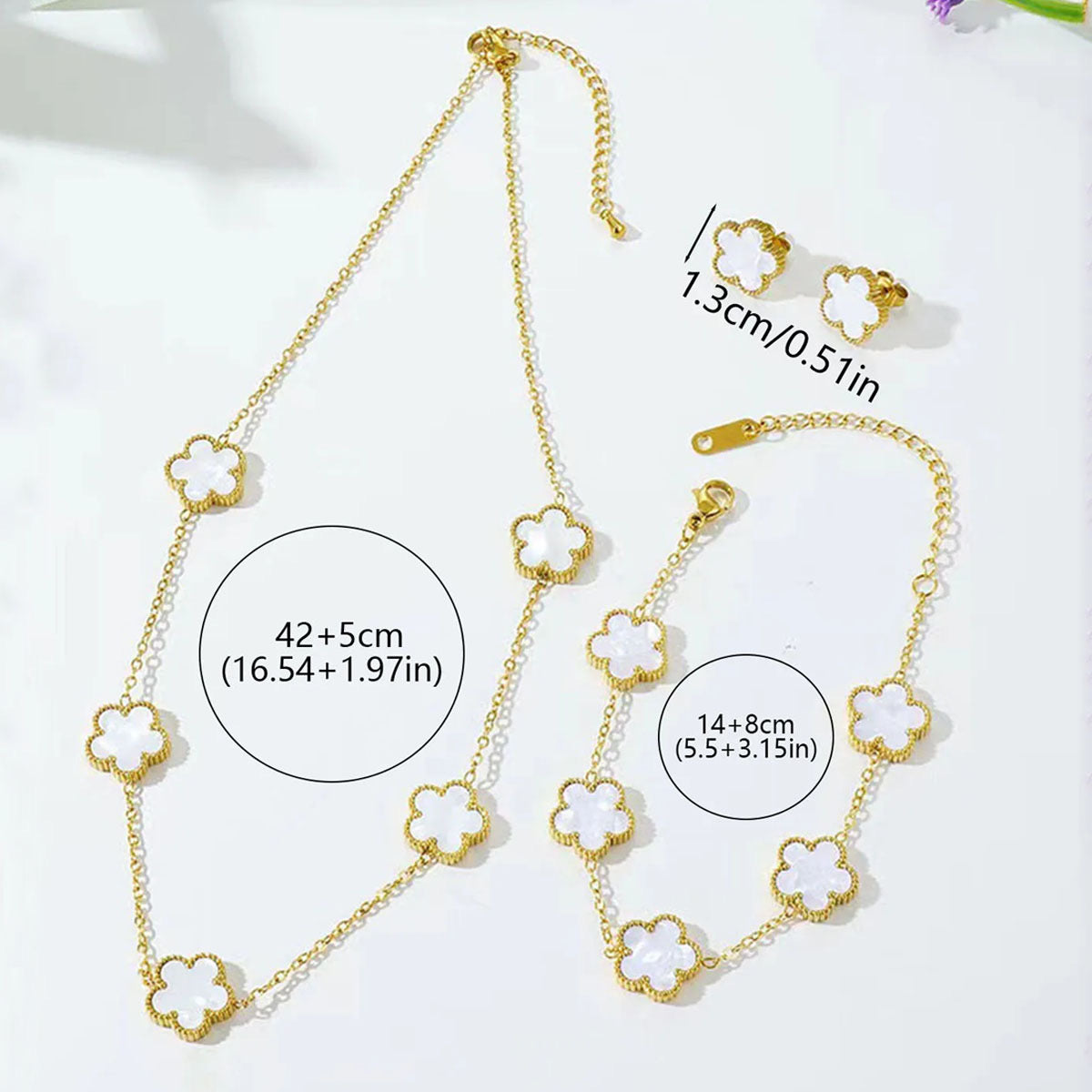 3-piece-set Parthenocissus Grass Stainless Steel Shell 18K Gold Plated Earrings,necklace and bracelet Pvd Coated O-Shaped Chain Jewelry Set In White