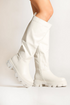 White Chunky Sole Side Zip Calf length Biker Boots