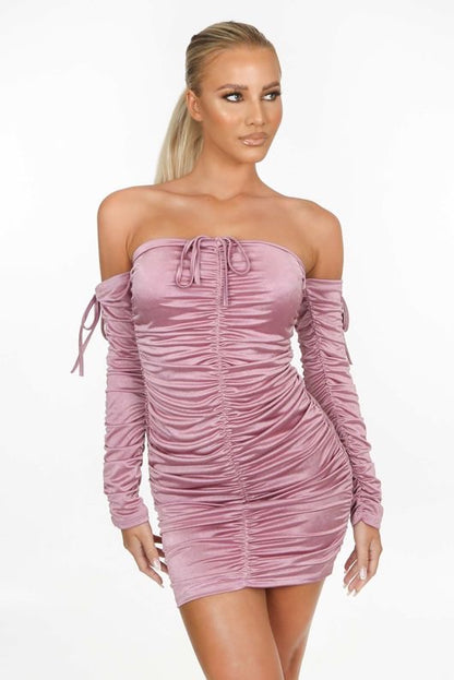 Rushed mini dress, off the shoulders in black and pink