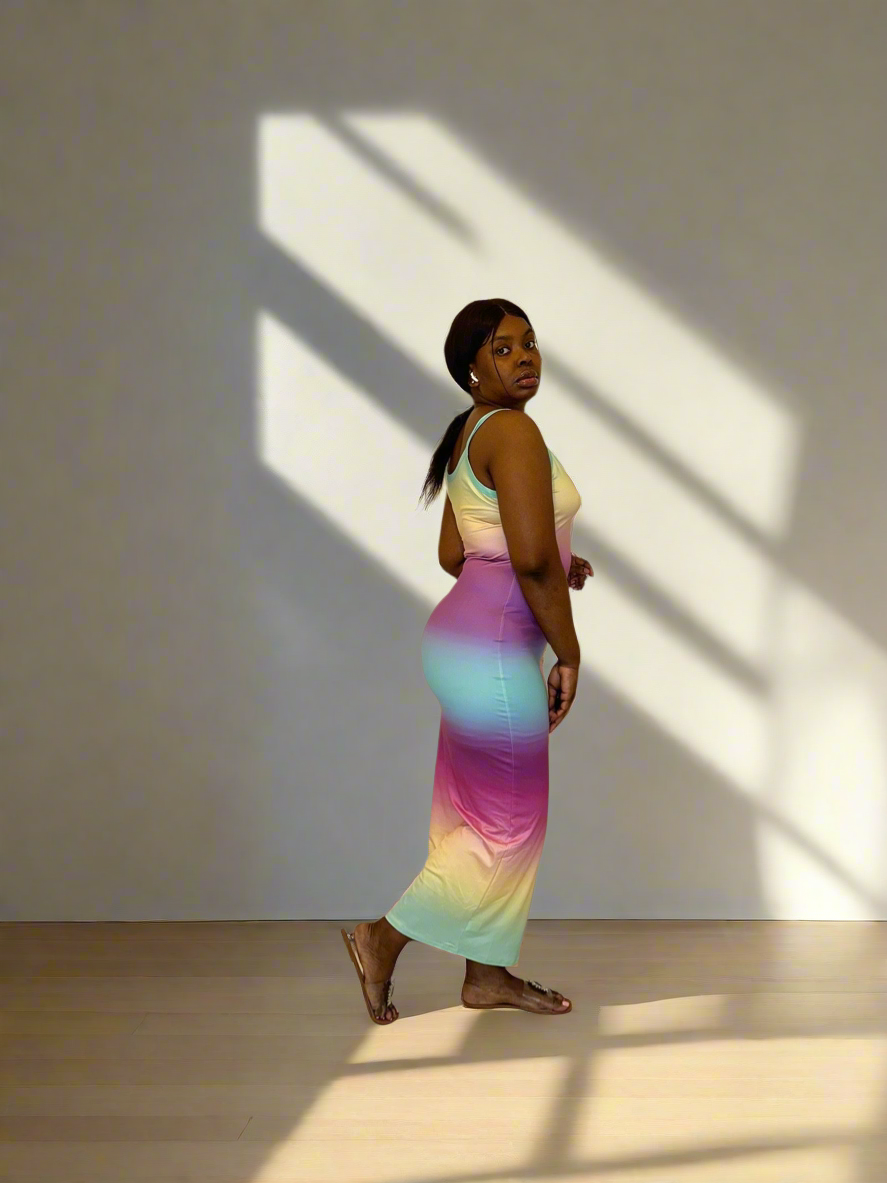 Women’s elegant midi dress in multi colour, sleeveless dress.