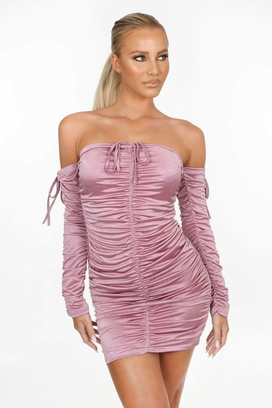 Dress In A Satin Ruched Bodycon Style-Pink &amp; Black