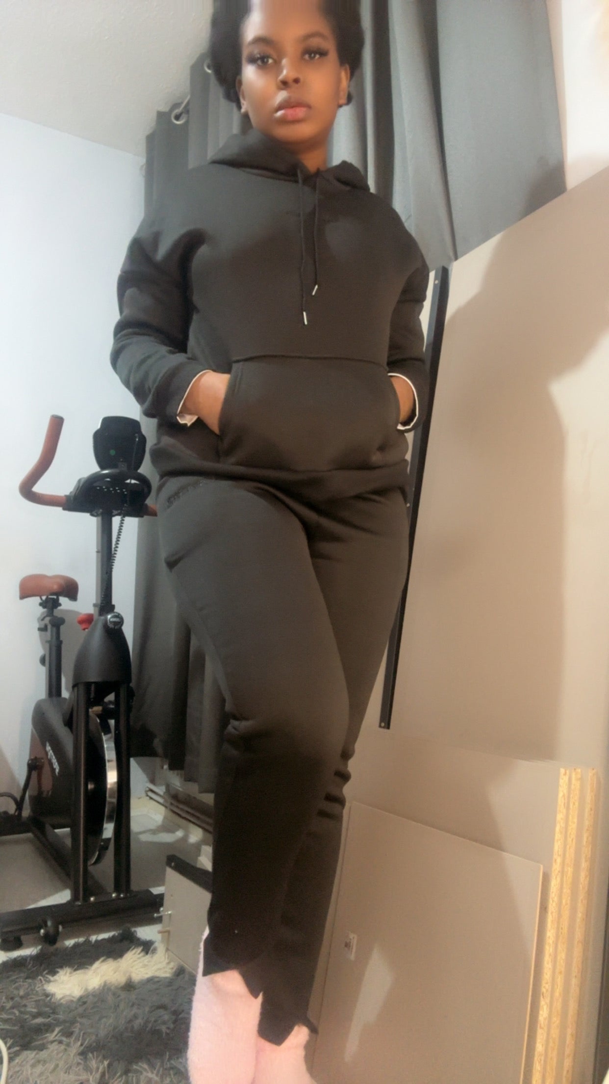 Winter thickented fleece in black two piece set hoodie.