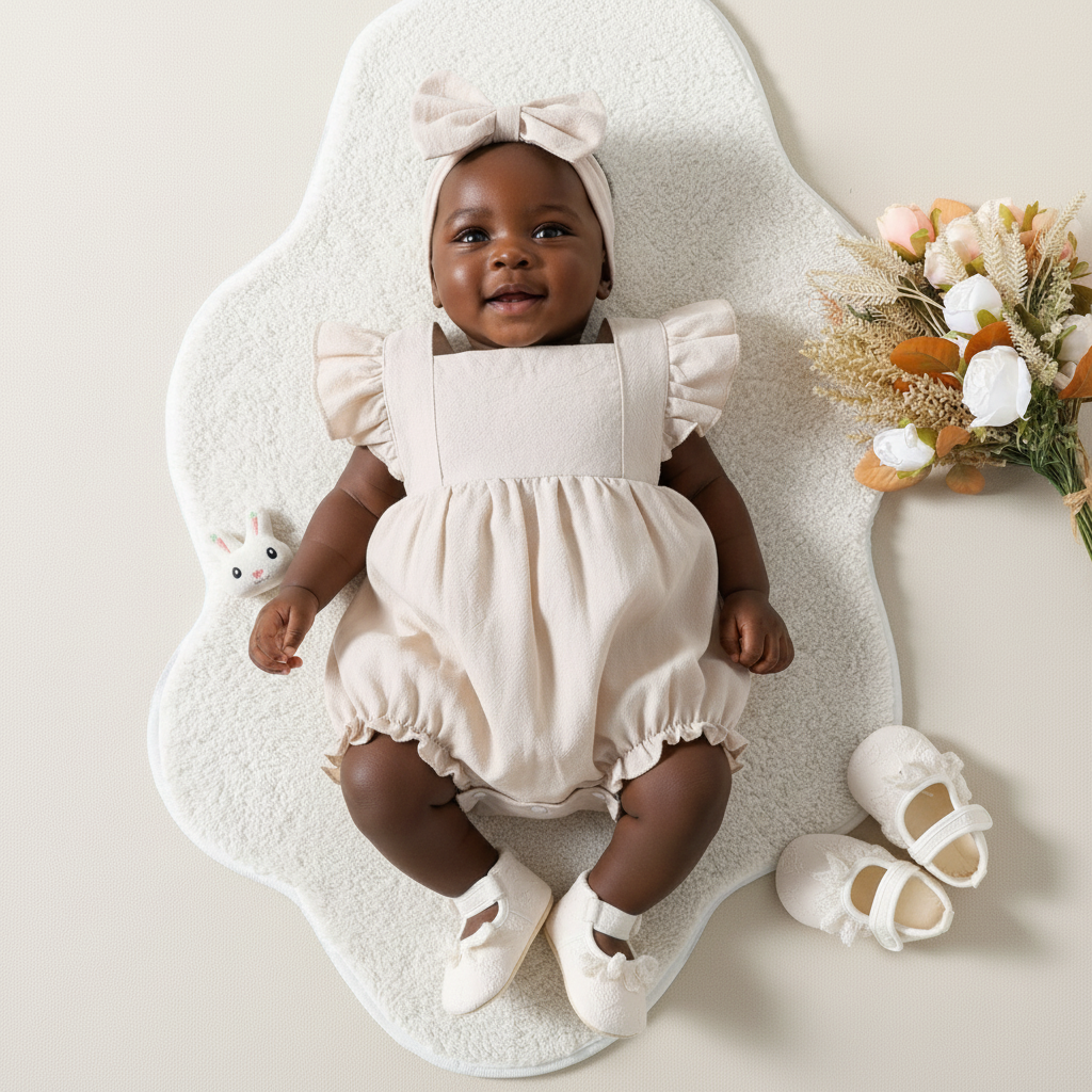 Cute baby playsuit in beige.