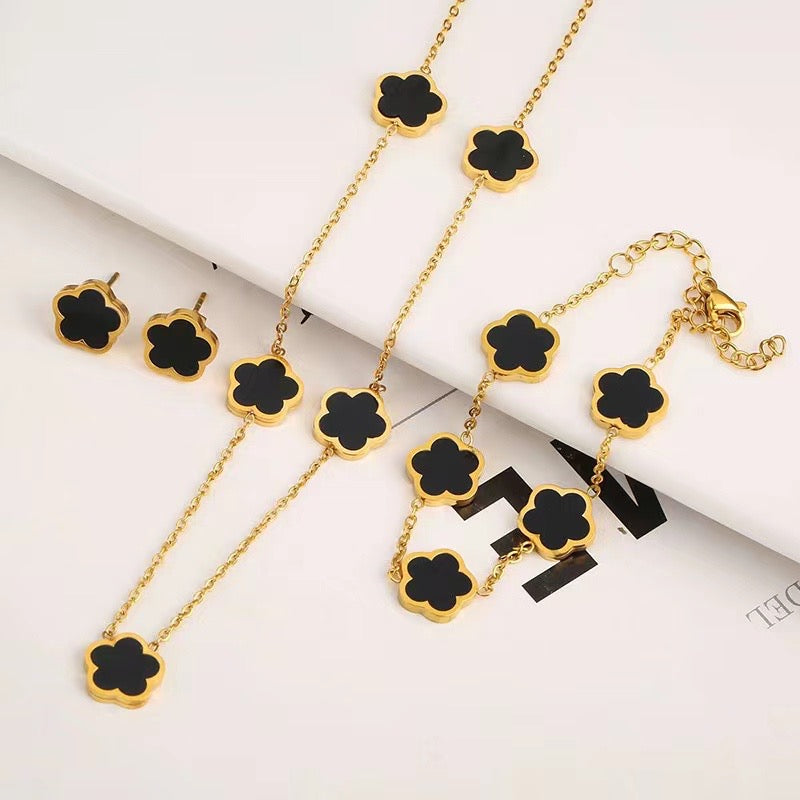 3-piece-set Parthenocissus Grass Stainless Steel Shell 18K Gold Plated Earrings,necklace and bracelet Pvd Coated O-Shaped Chain Jewelry Set In Black