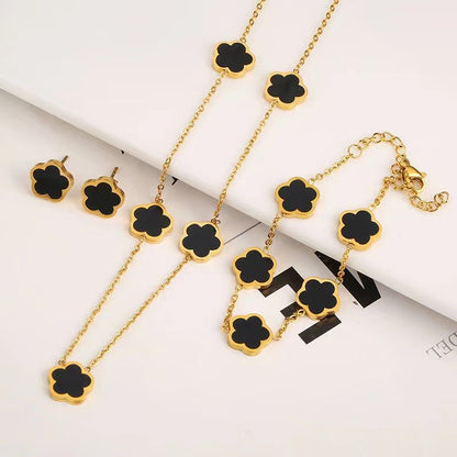3-piece-set Parthenocissus Grass Stainless Steel Shell 18K Gold Plated Earrings,necklace and bracelet Pvd Coated O-Shaped Chain Jewelry Set In Black