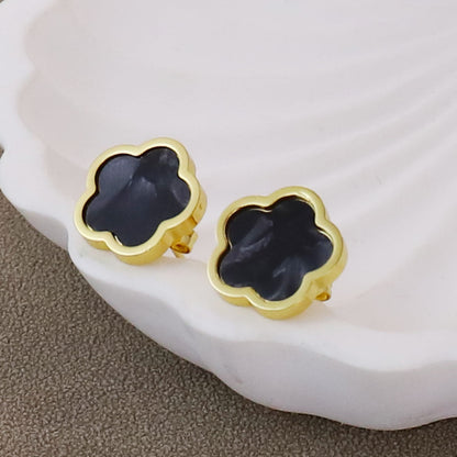 Stainless Steel Parthenocissus Grass Electroplated Shell 18K Gold Plated Simple Style O-Shaped Chain earrings. In black and white.